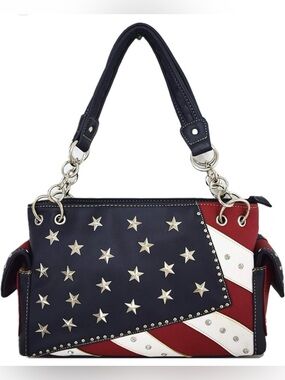 American Flag Patriotic Red White Blue Silver Stars Rhinestones Shoulder Bag
